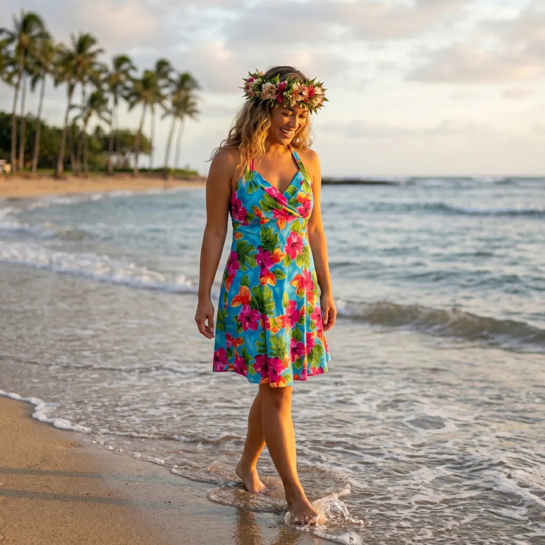 Hoopla Blue Napali Hawaiian Halter Dress - Made in Hawaii