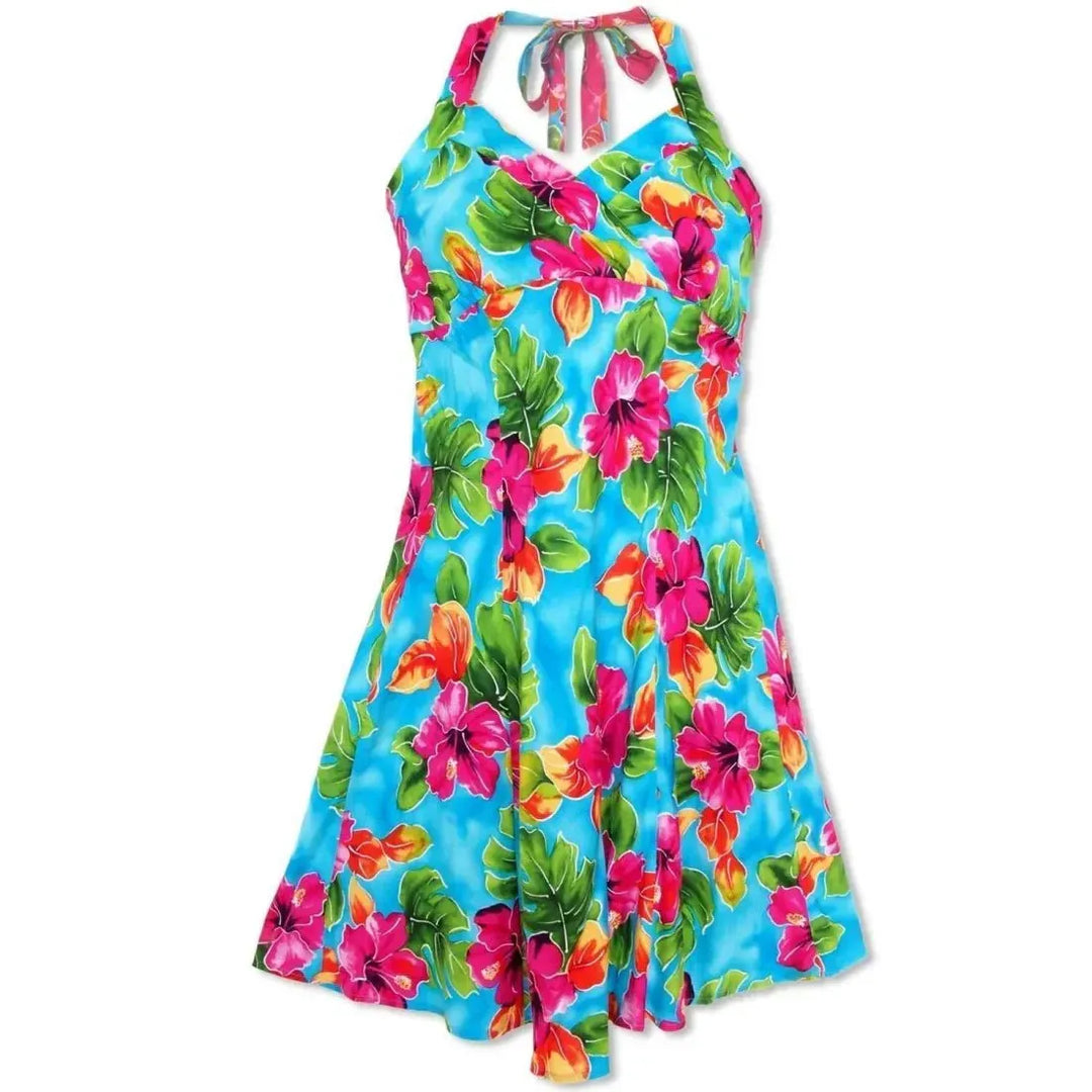 women's luau dress Hoopla Blue Napali Hawaiian Halter Dress for You M / Blue