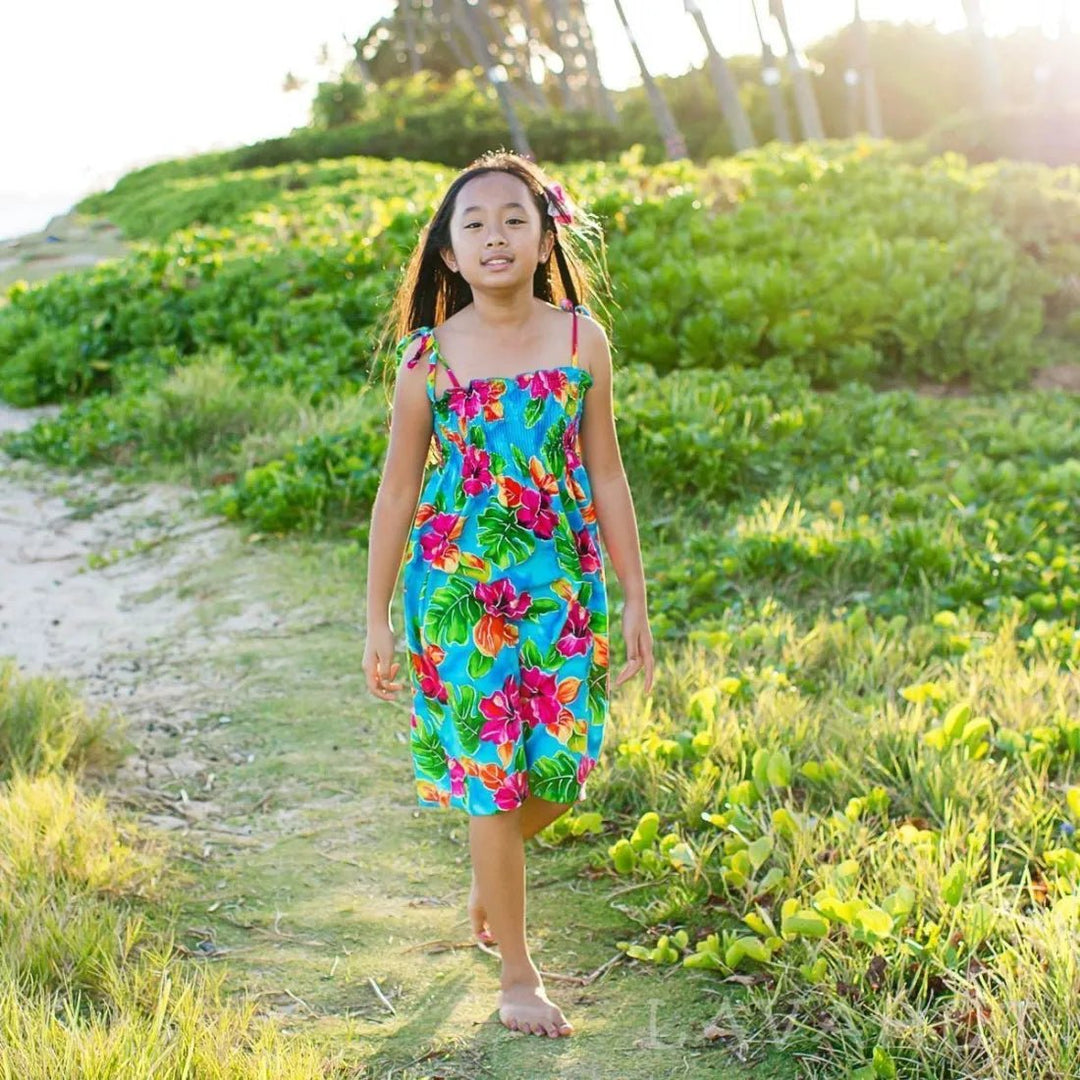 Hoopla Blue Sunkiss Hawaiian Girl Dress – Authentic Hawaiian Girl's Hawaiian Dresses by Lavahut
