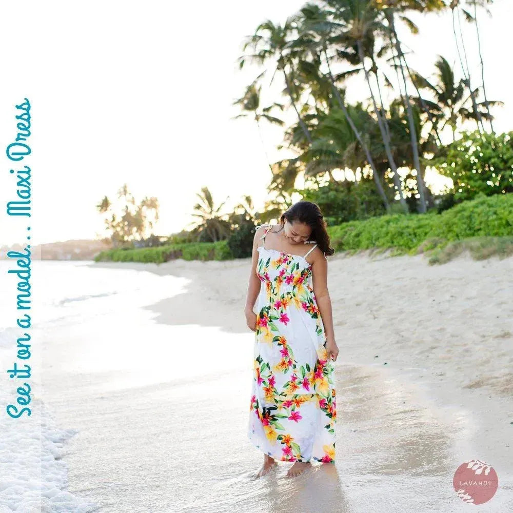 Hoopla White Maxi Hawaiian Dress with Smocked Bodice
