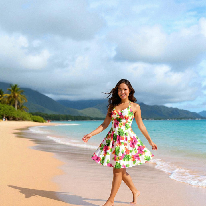 Hoopla White Napali Hawaiian Halter Dress Made in Hawaii