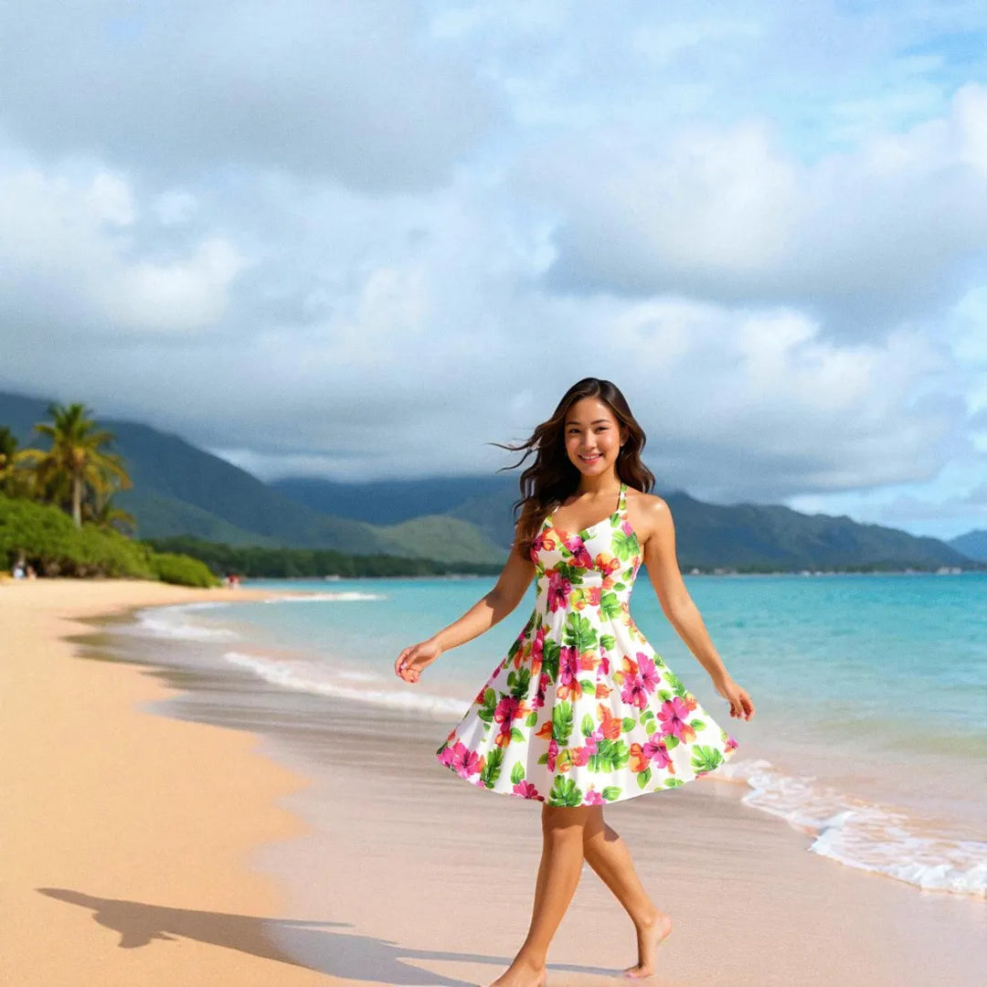 Hoopla White Napali Hawaiian Halter Dress - Made in Hawaii