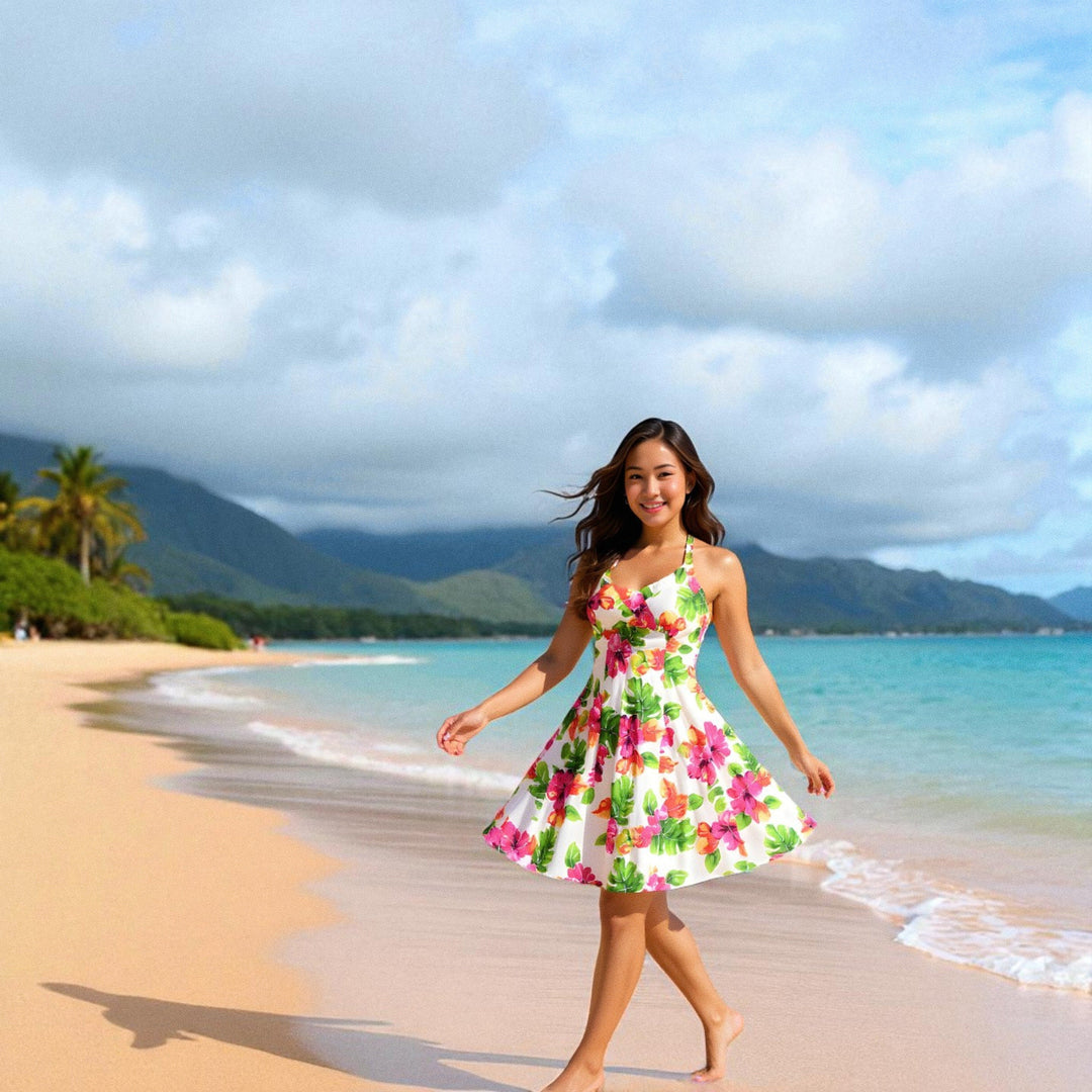 Hoopla White Napali Hawaiian Halter Dress Made in Hawaii