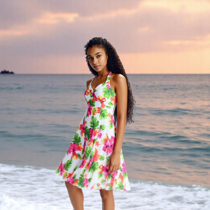 Hoopla White Napali Hawaiian Halter Dress - Made in Hawaii