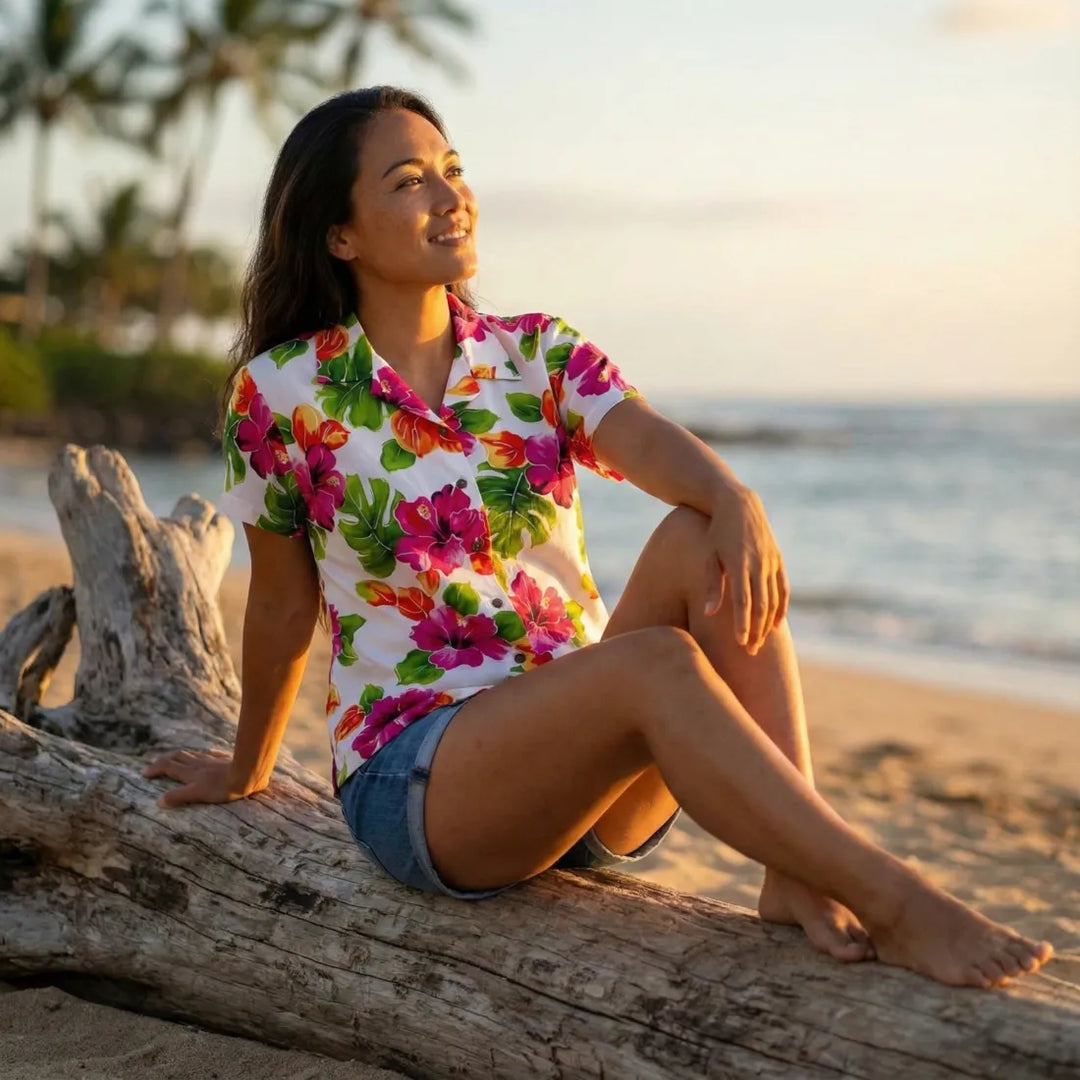 Hoopla White Women’s Hawaiian Rayon Shirt - Made in Hawaii