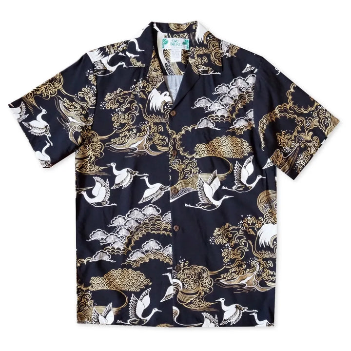 Island Breeze Crane Black Hawaiian Rayon Shirt - Made in Hawaii