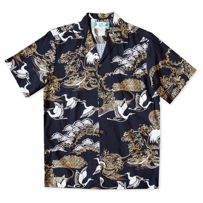 Island Breeze Crane Black Hawaiian Rayon Shirt - Made In Hawaii