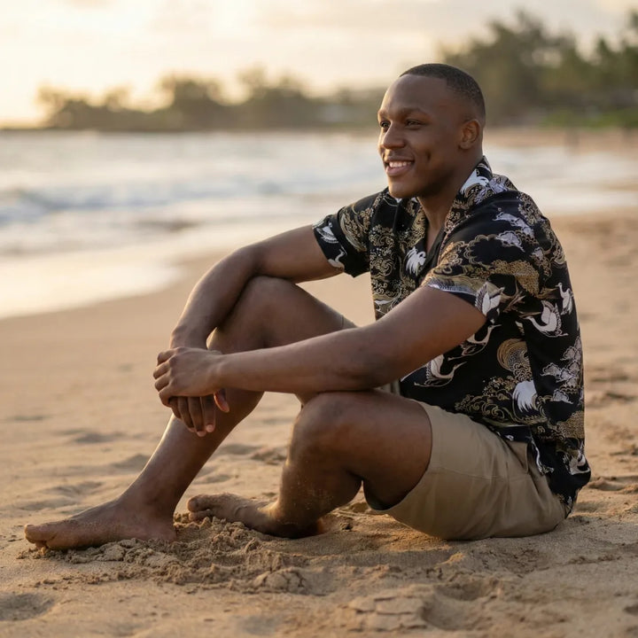 Island Breeze Crane Black Hawaiian Rayon Shirt - Made in Hawaii