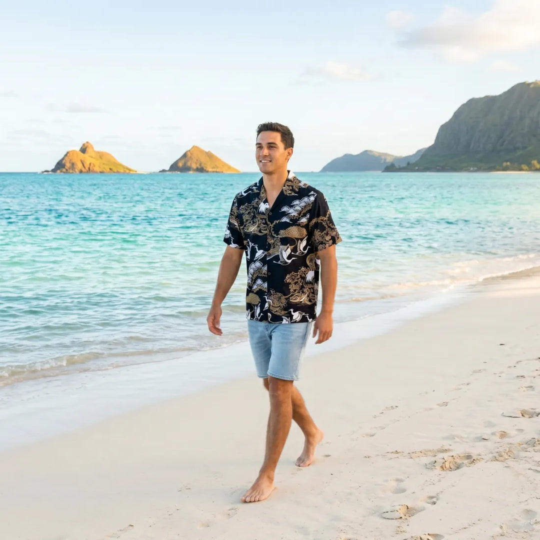 Island Breeze Crane Black Hawaiian Rayon Shirt - Made in Hawaii