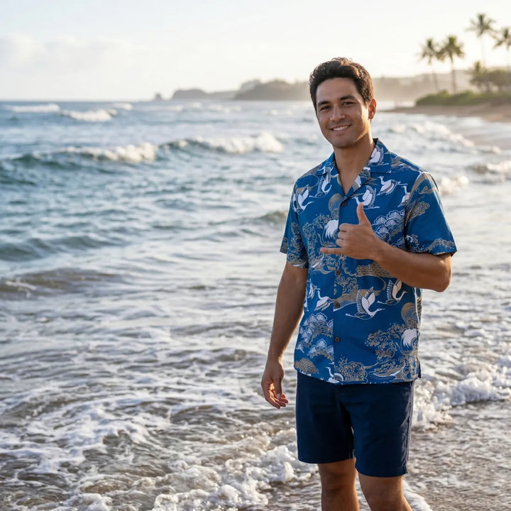 Island Breeze Crane Blue Hawaiian Rayon Shirt - Made in Hawaii