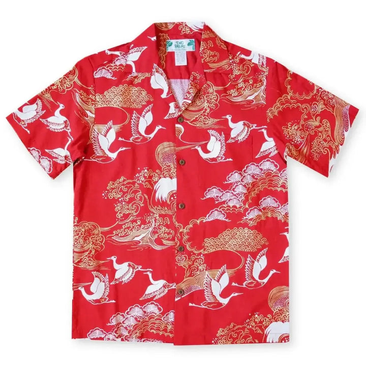 Island Breeze Crane Red Hawaiian Rayon Shirt Made in Hawaii