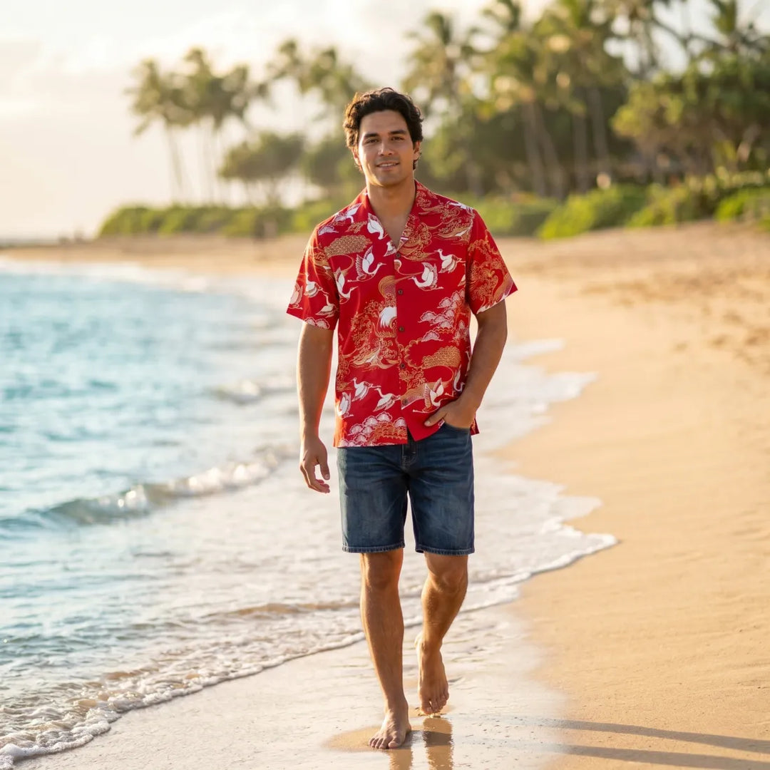 Island Breeze Crane Red Hawaiian Rayon Shirt - Made in Hawaii