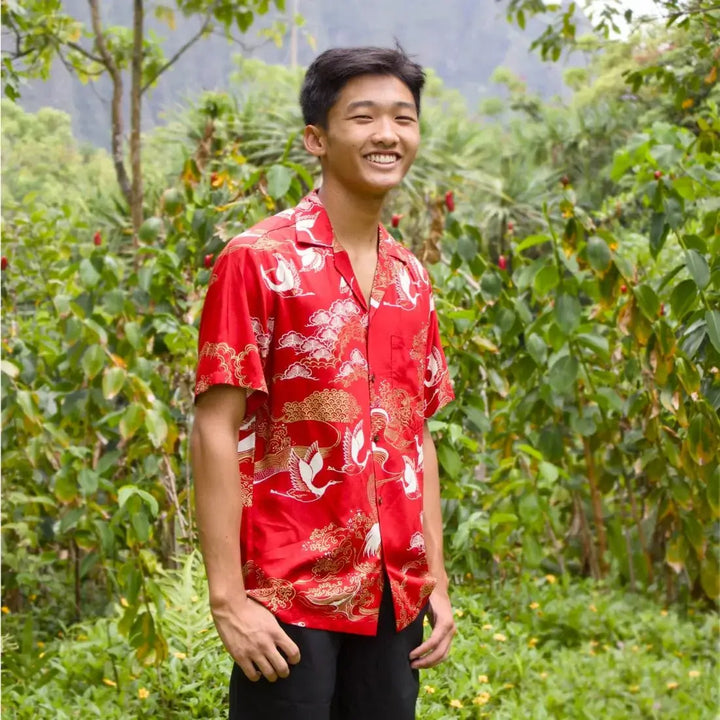 Island Breeze Crane Red Hawaiian Rayon Shirt Made in Hawaii