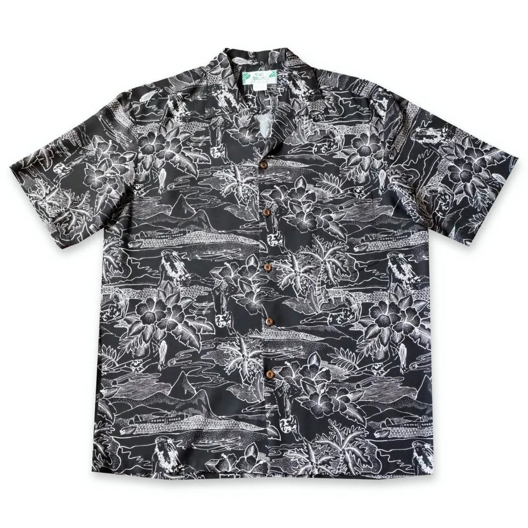 Island Hop Black Hawaiian Rayon Shirt - Made in Hawaii