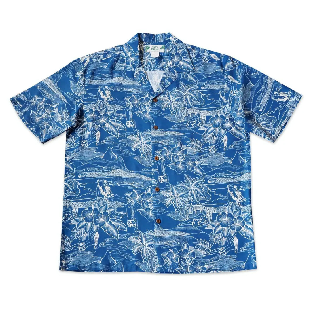 Island Hop Blue Hawaiian Rayon Shirt Made in Hawaii