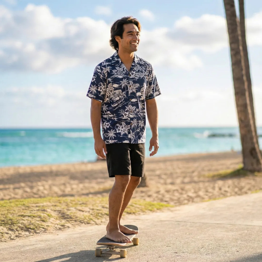 Island Navy Hawaiian Cotton Shirt - Made in Hawaii
