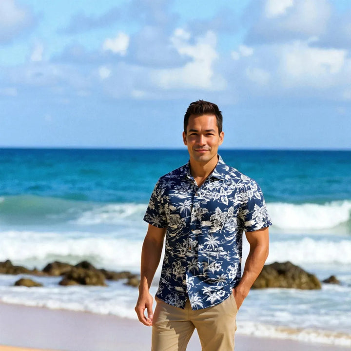 Island Navy Hawaiian Cotton Shirt - Made in Hawaii