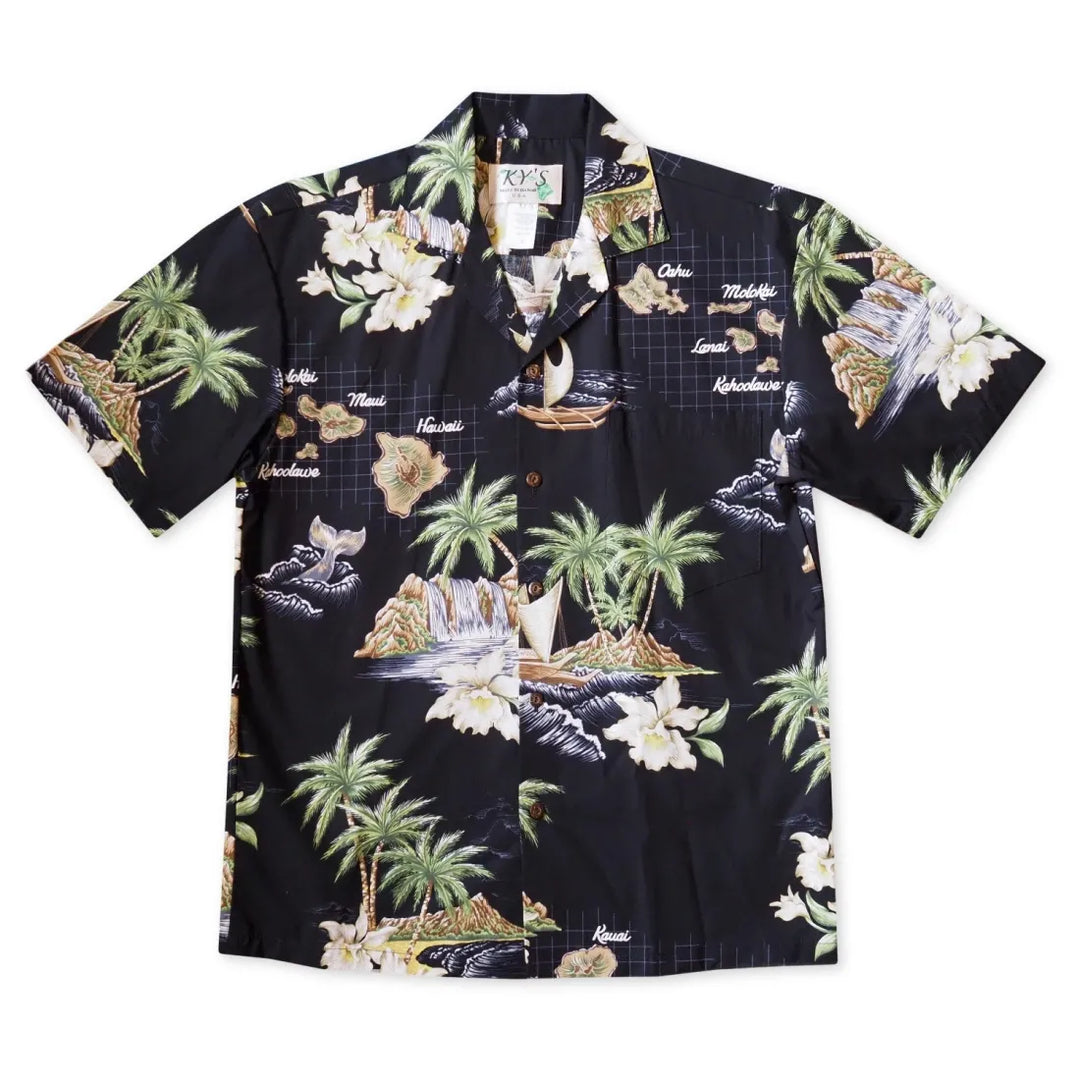 Island Voyage Black Hawaiian Cotton Shirt - Made in Hawaii