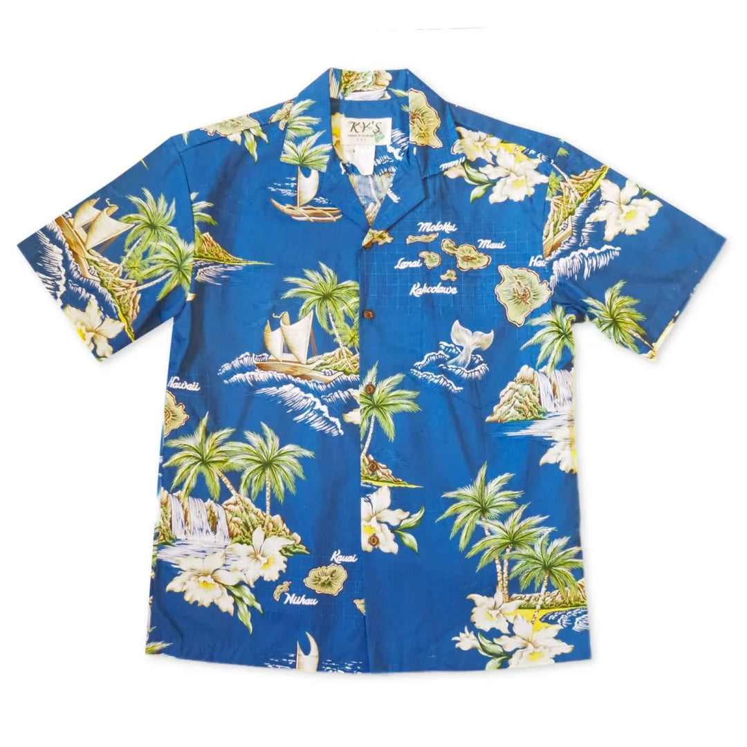 Island Voyage Blue Hawaiian Cotton Shirt - Made in Hawaii