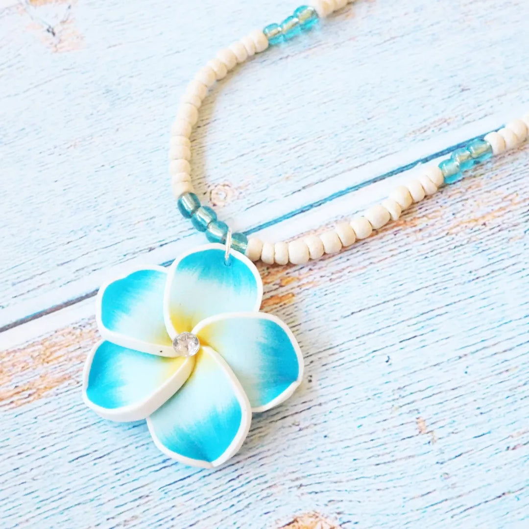 Jazzy Plumeria Aqua Pendant Hawaiian Necklace - Made in Hawaii