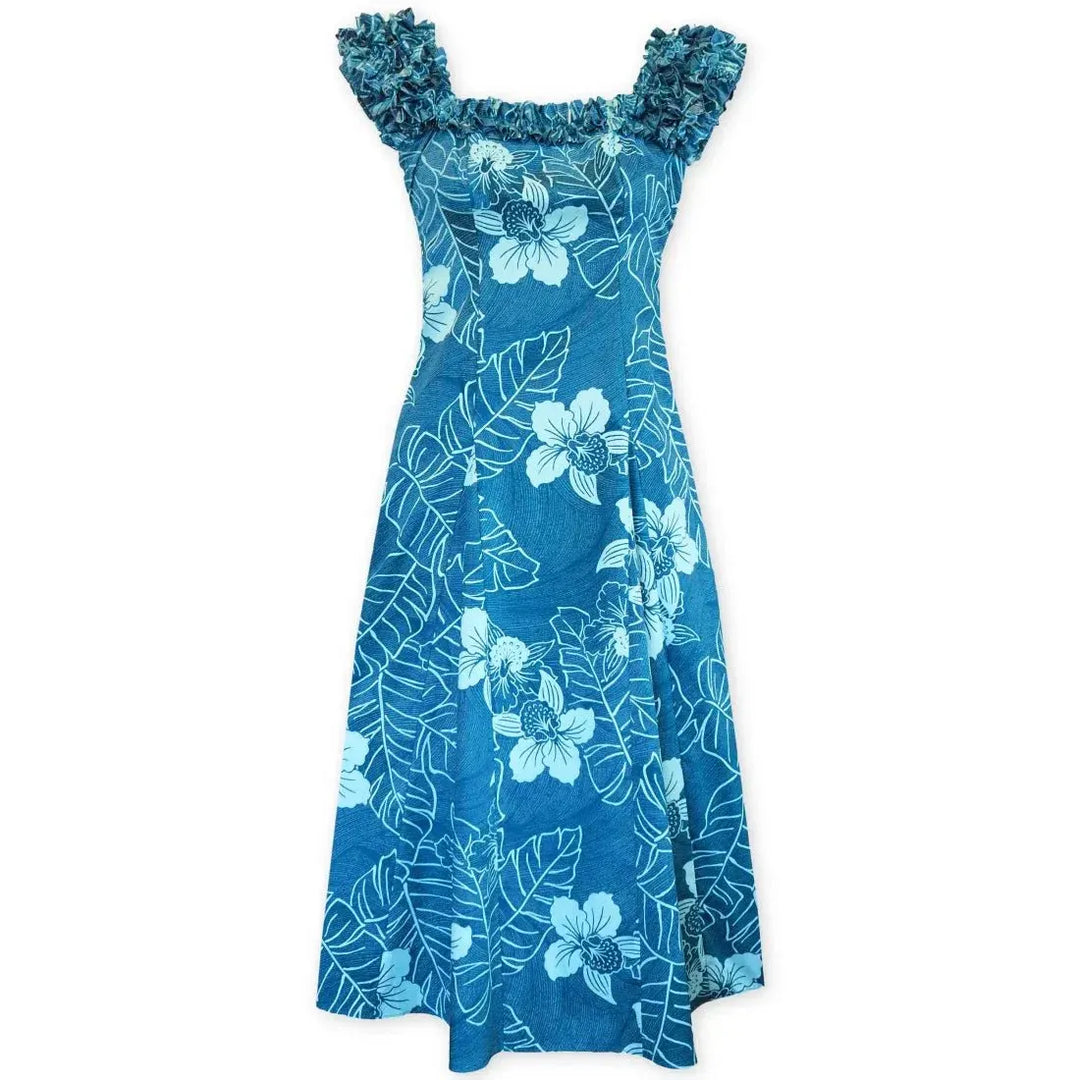 Ka'anapali Aqua Leilani Holoku Dress with Cap Sleeves Lavahut Ka'anapali Aqua Leilani Holoku Dress with Cap Sleeves Lavahut