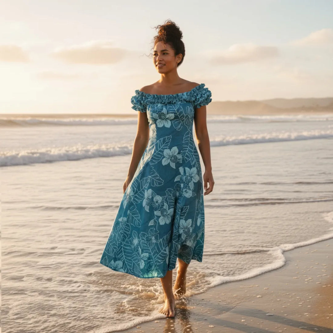 hawaiian designer dresses Hawaii Off Shoulder Maxi Dress Kauai Islands Polynesian Sunset Plumeri and versatile straps Koloa Orchids Maxi Long Hawaiian