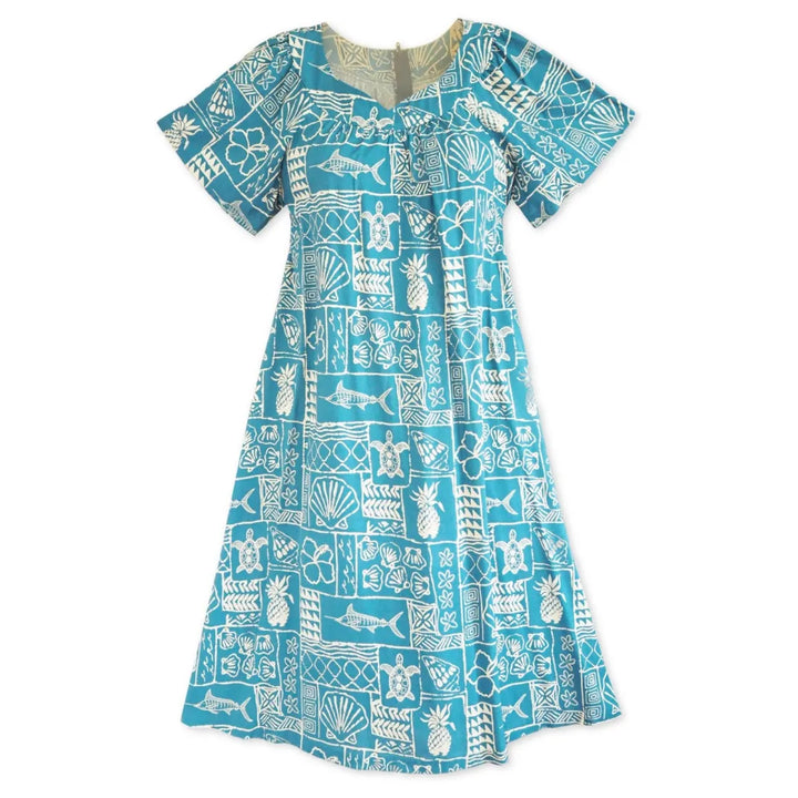 Kaka’ako Teal Hawaiian Rayon Tea Muumuu Dress - Made in Hawaii