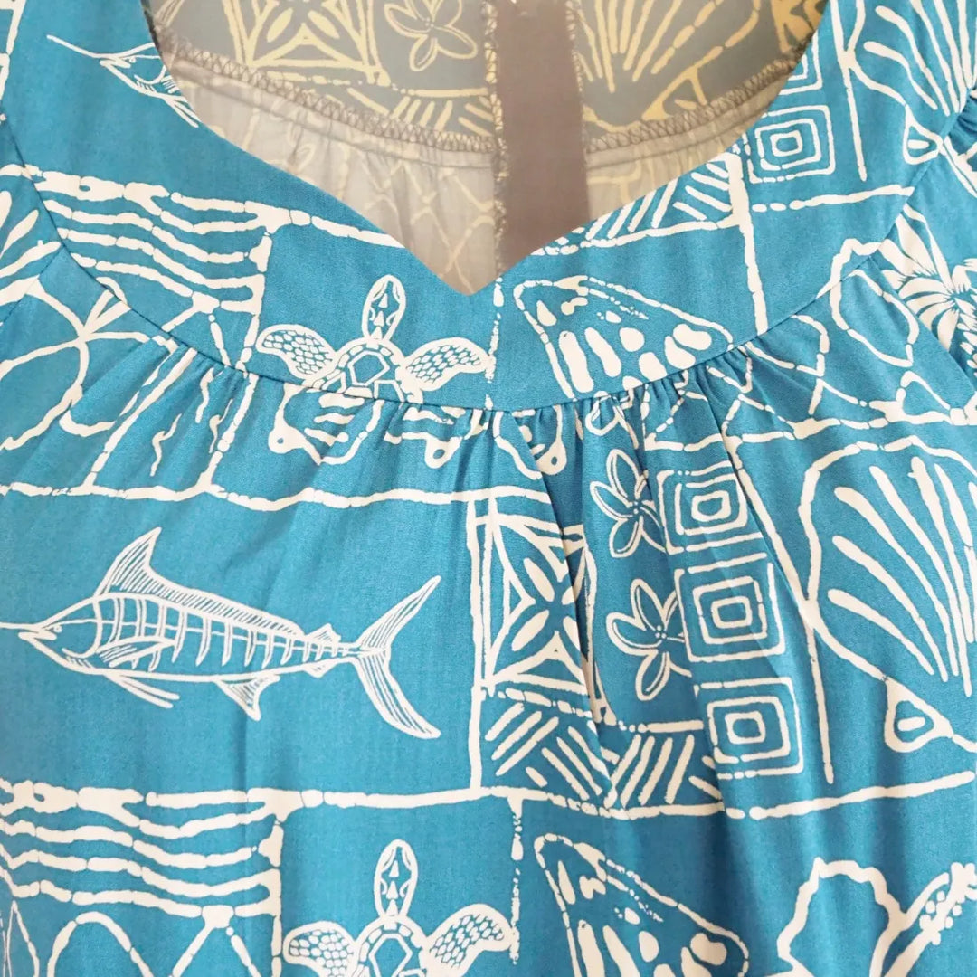 Kaka’ako Teal Hawaiian Rayon Tea Muumuu Dress - Made in Hawaii