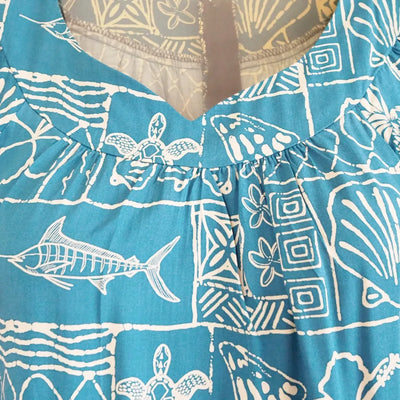 Kaka’ako Teal Hawaiian Rayon Tea Muumuu Dress - Made In Hawaii