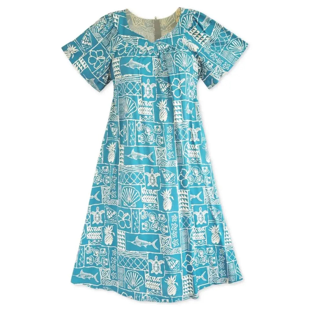 Kaka’ako Teal Hawaiian Rayon Tea Muumuu Dress Made in Hawaii