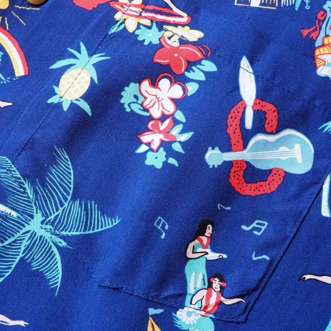 Kalakaua Navy Hawaiian Rayon Shirt - Made in Hawaii