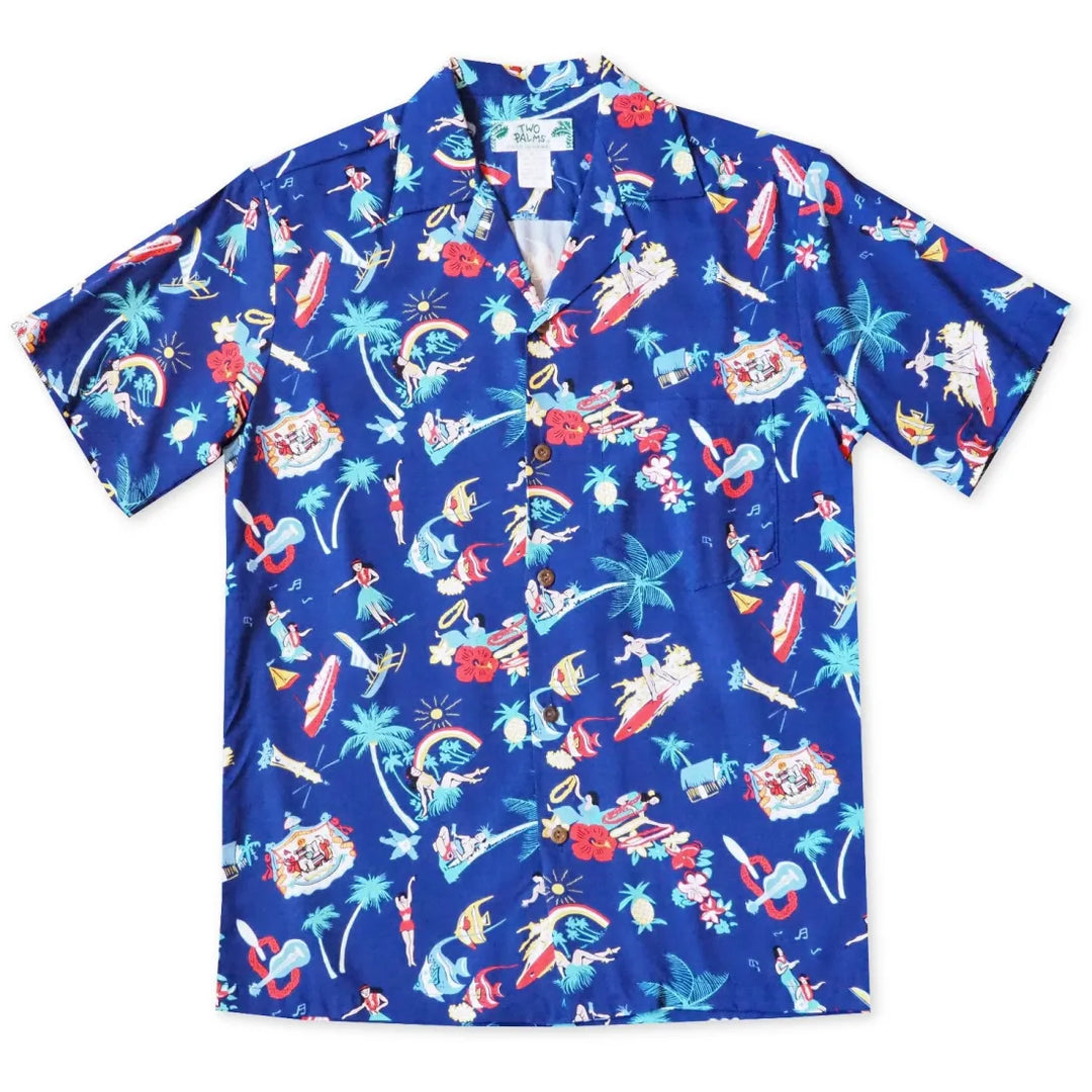 Kalakaua Navy Hawaiian Rayon Shirt - Made in Hawaii