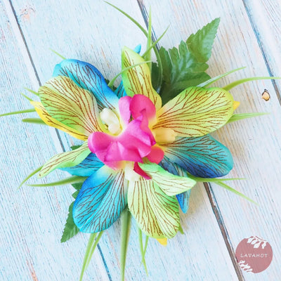 Kula Blue/green Hawaiian Flower Hair Clip - Made In Hawaii