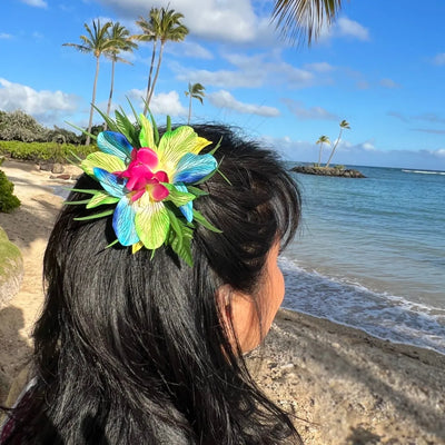 Kula Blue/green Hawaiian Flower Hair Clip - Made In Hawaii