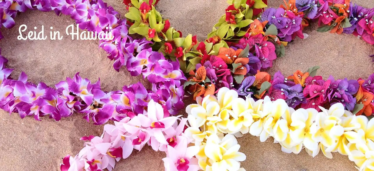 colorful hawaiian flower leis with hawaii