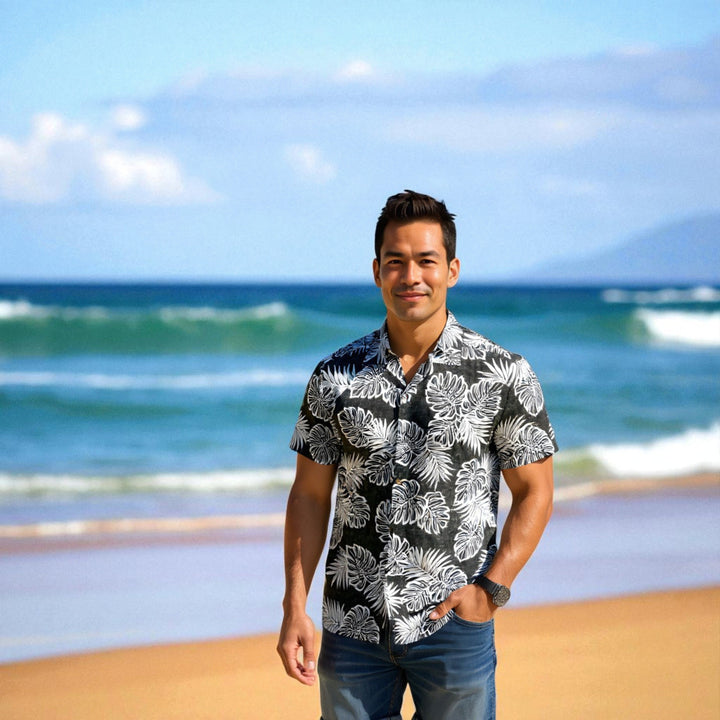Leaf Black Hawaiian Cotton Shirt Made in Hawaii