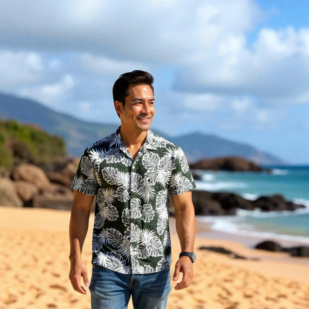 Leaf Black Hawaiian Cotton Shirt Made in Hawaii