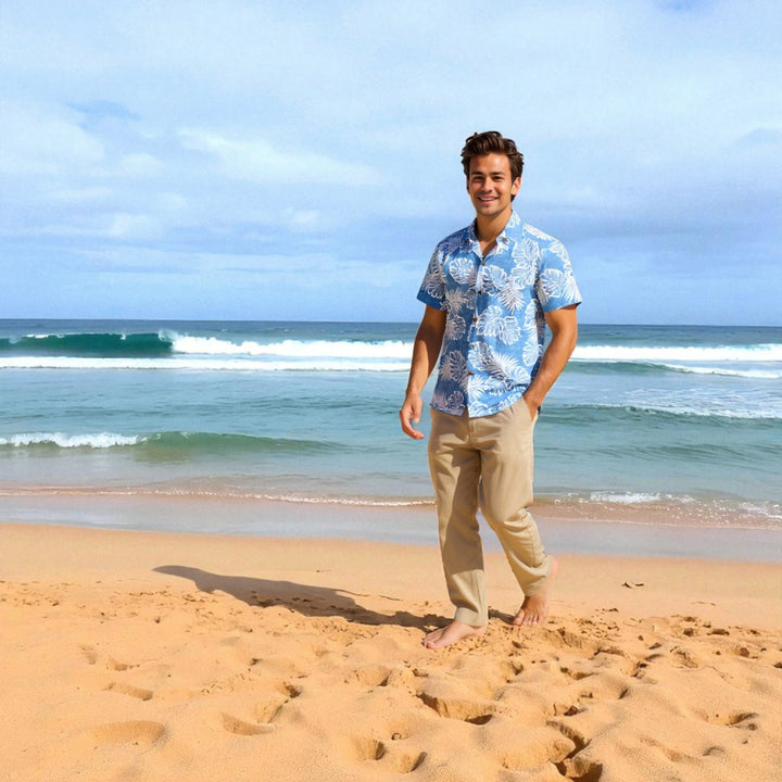Leaf Blue Hawaiian Cotton Shirt Made in Hawaii