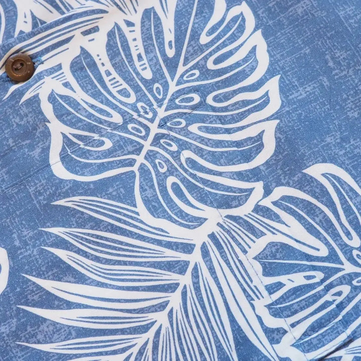 Leaf Blue Hawaiian Cotton Shirt Made in Hawaii