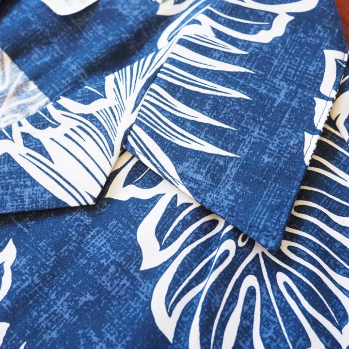 Leaf Navy Blue Hawaiian Cotton Shirt - Made in Hawaii