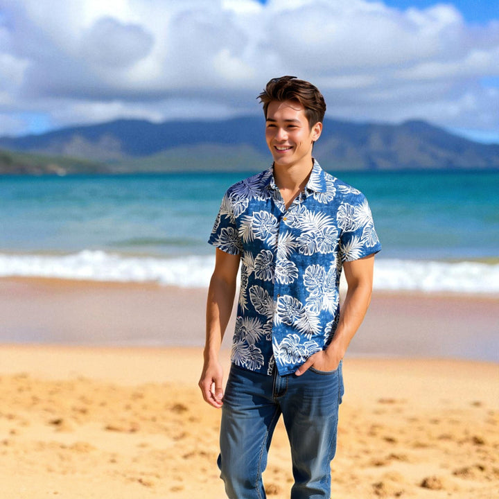 Leaf Navy Hawaiian Cotton Shirt Made in Hawaii
