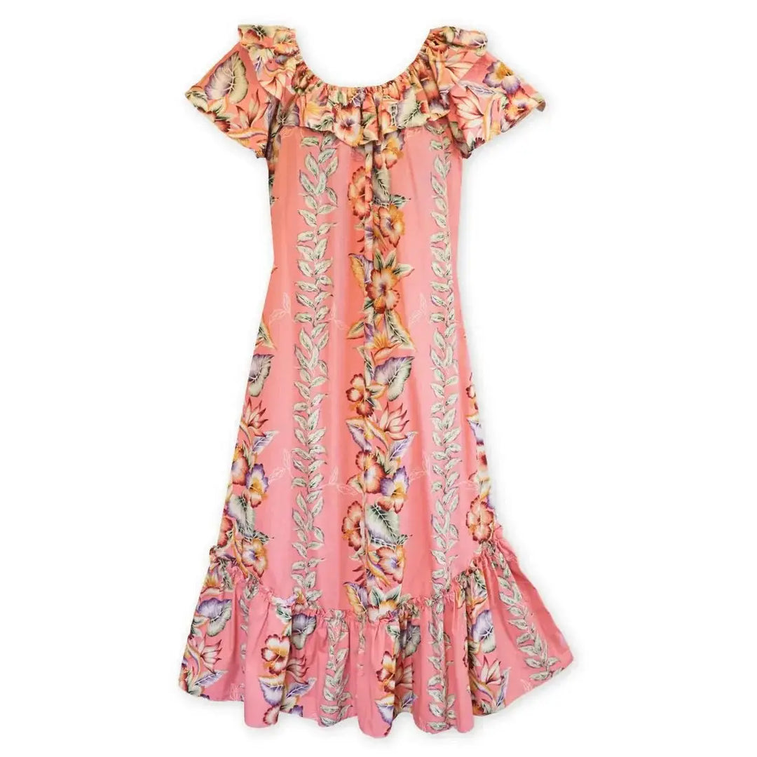 Lei of Aloha Coral Long Ruffle Hawaiian Muumuu Dress Made in Hawaii