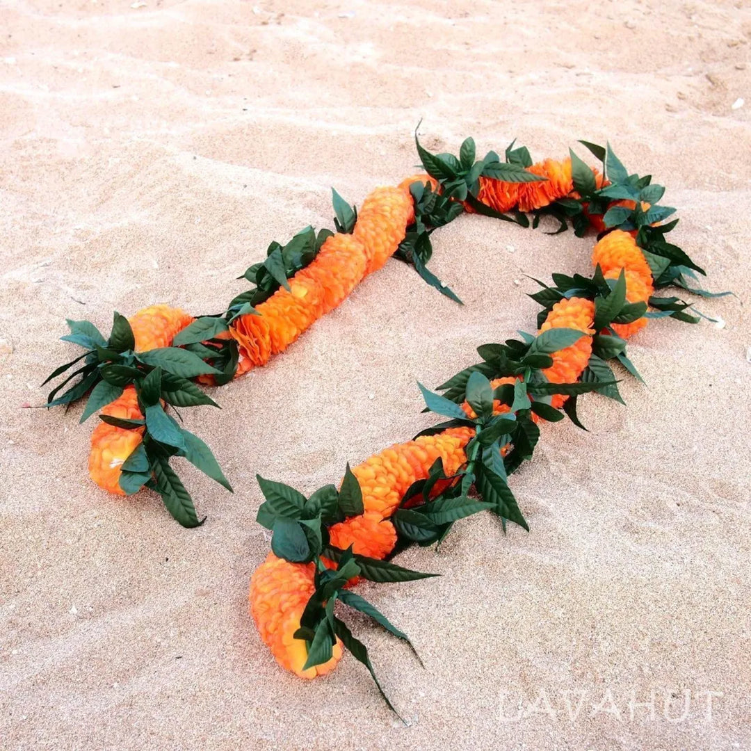 Maile Leaves with Ilima Hawaiian Flower Lei - Made in Hawaii