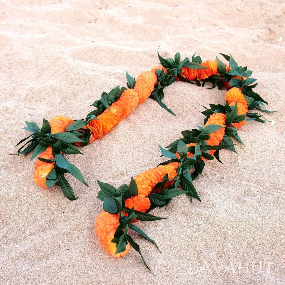 Maile Leaves With Ilima Hawaiian Flower Lei - Made In Hawaii
