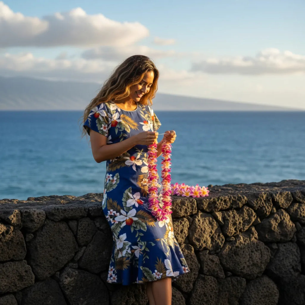 Majestic Blue Laka Hawaiian Dress in Floral Print L / Blue