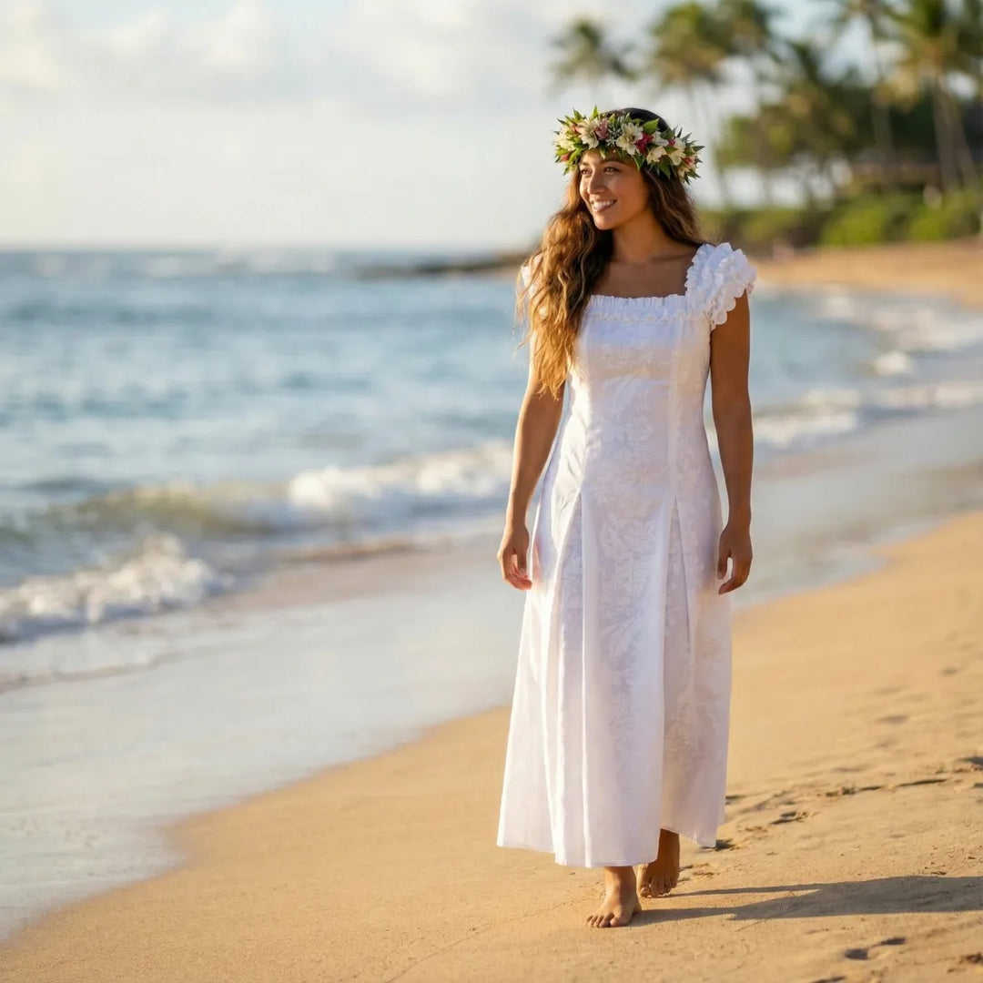 Makamae White Leilani Hawaiian Wedding Dress Floral Lavahut Makamae White Leilani Hawaiian Wedding Dress Floral Lavahut