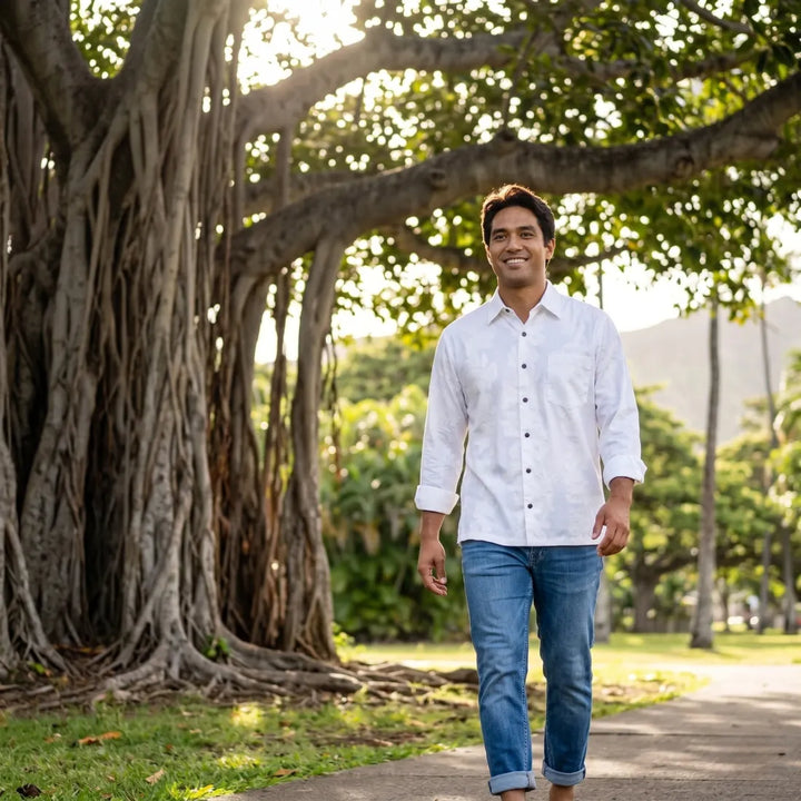 Makamae White Long Sleeve Hawaiian Shirt - Made in Hawaii