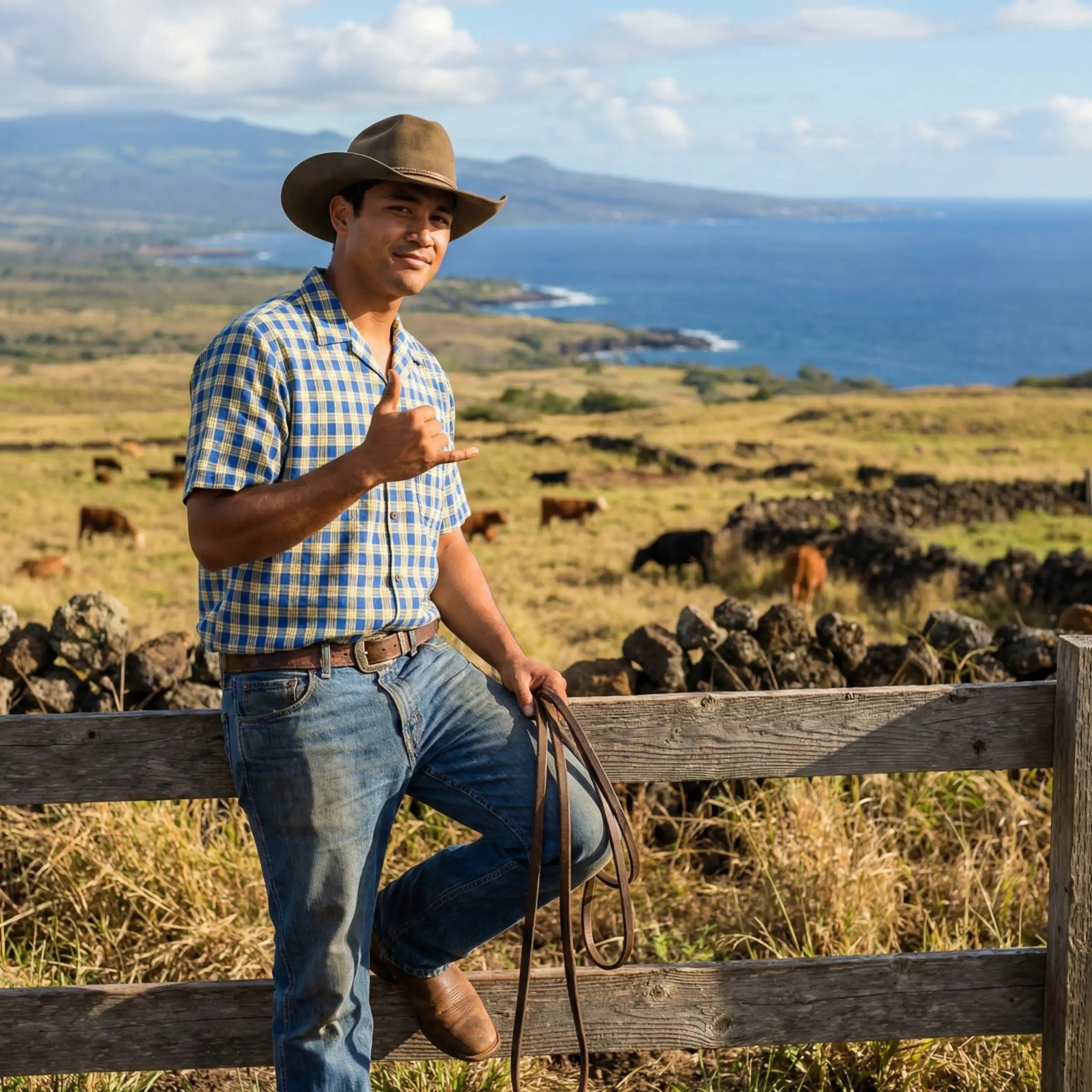 A man wearing a brown cowboy hat, blue and white plaid shirt, and denim jeans leans against a wooden fence while holding a coiled leather lasso.