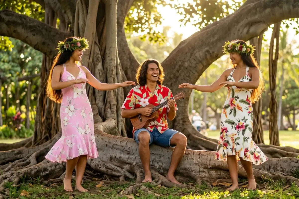 A man in a vibrant red floral shirt and blue shorts sits on a tree root, playing a ukulele.