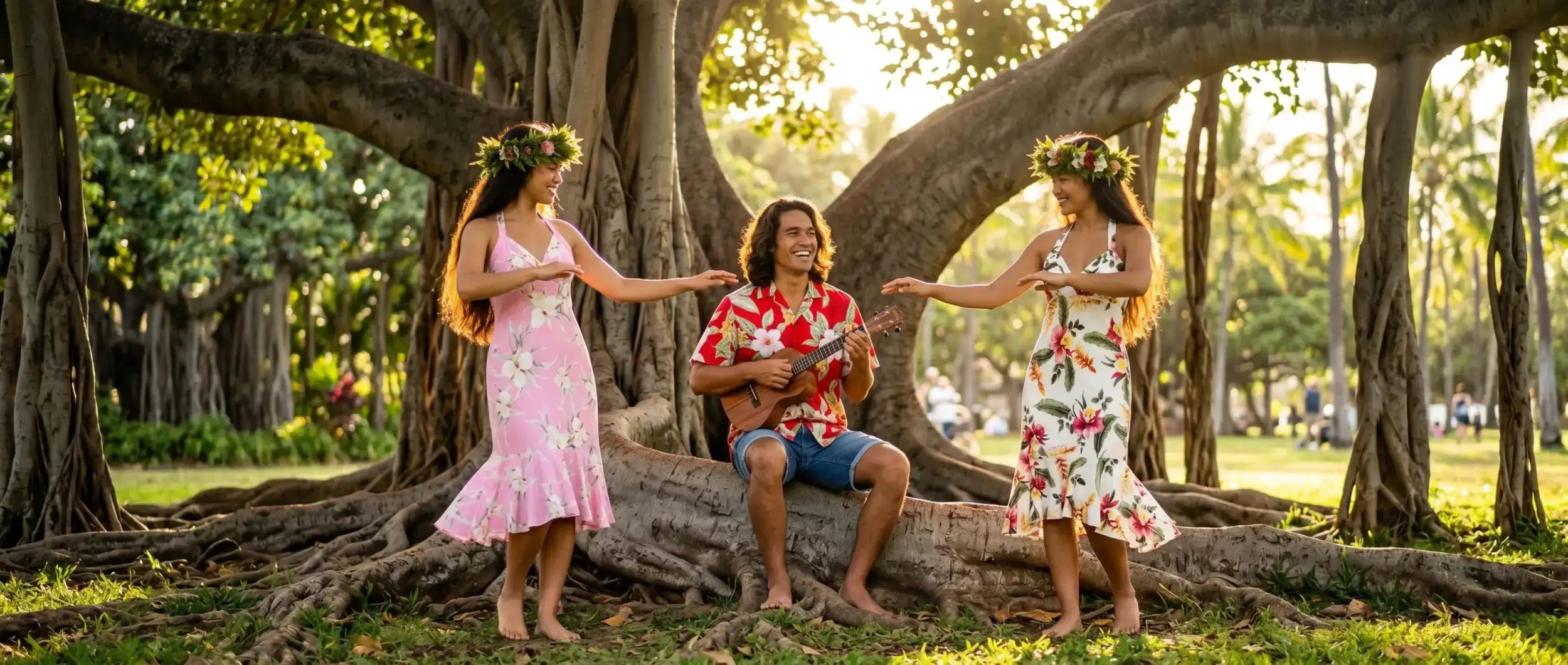 A man in a vibrant red floral shirt and blue shorts sits on a tree root, playing a ukulele.